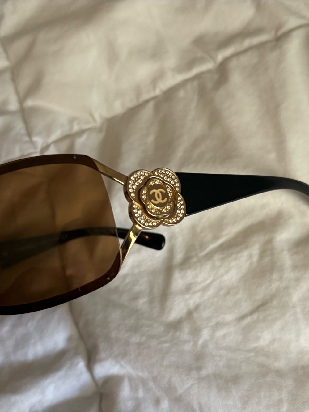 CHANEL vintage camellia brown, black, & gold wrap sunglasses 4164-B C.125/6H